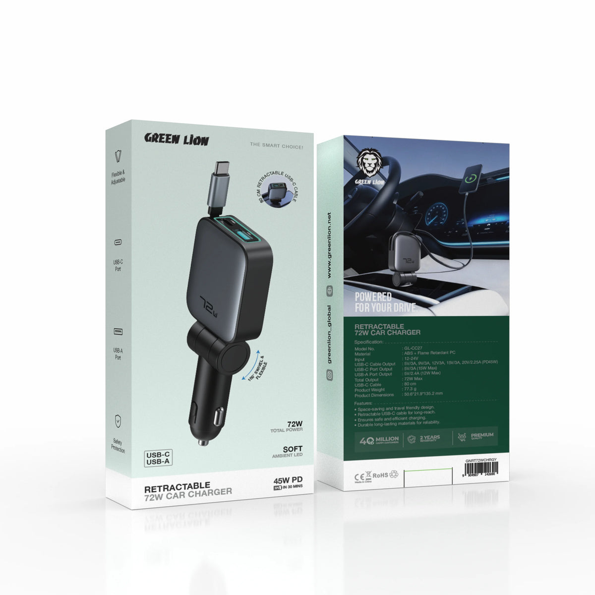 Green Lion Retractable 72w Car Charger Black – image 5