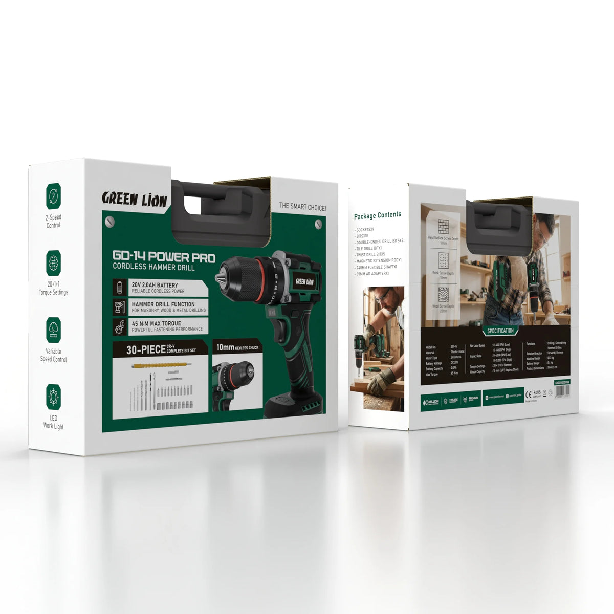 Green Lion GD-14 Power Pro Cordless Hammer Drill 20 V 2.0 Ah Battery – image 2