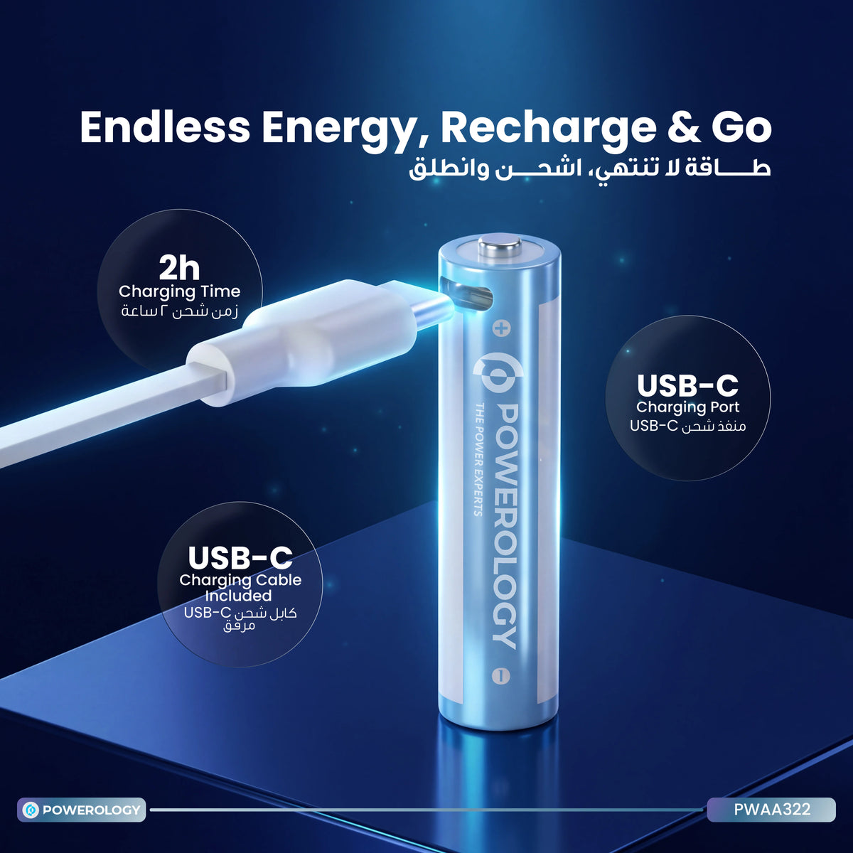 Powerology Aa 2 Pack USB C Rechargeable White Blue – image 4
