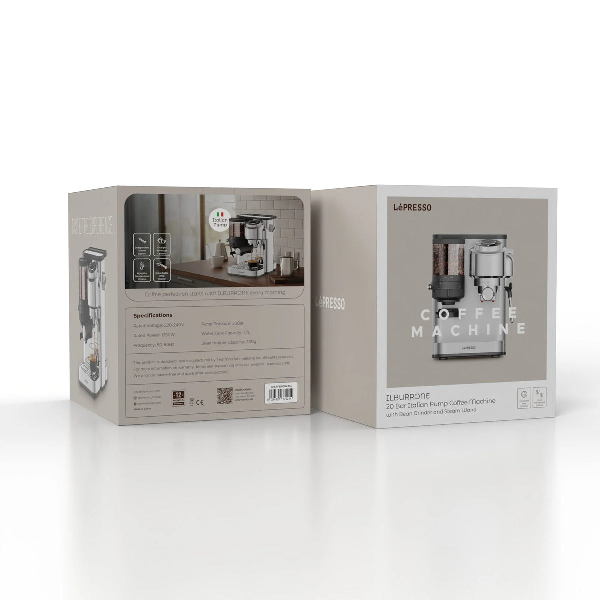 LePresso Ilburrone 20 Bar Italian Pump Coffee Machine with Bean Grinder and Steam Wand Silver – image 2