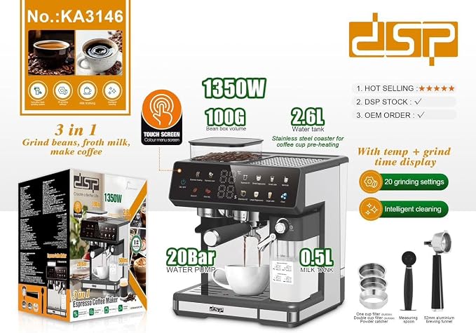 ماكينة تحضير قهوة اسبريسو 3 في 1 من دي اس بي KA3146 | ضغط 20 بار | مطحنة مدمجة وخزان حليب 500 مل | تحكم باللمس | DSP KA3146 3-in-1 Espresso Coffee Machine | 20 Bar Pressure | Built-in Grinder & 500ml Milk Tank | Touch Control | صورة المنتج 
