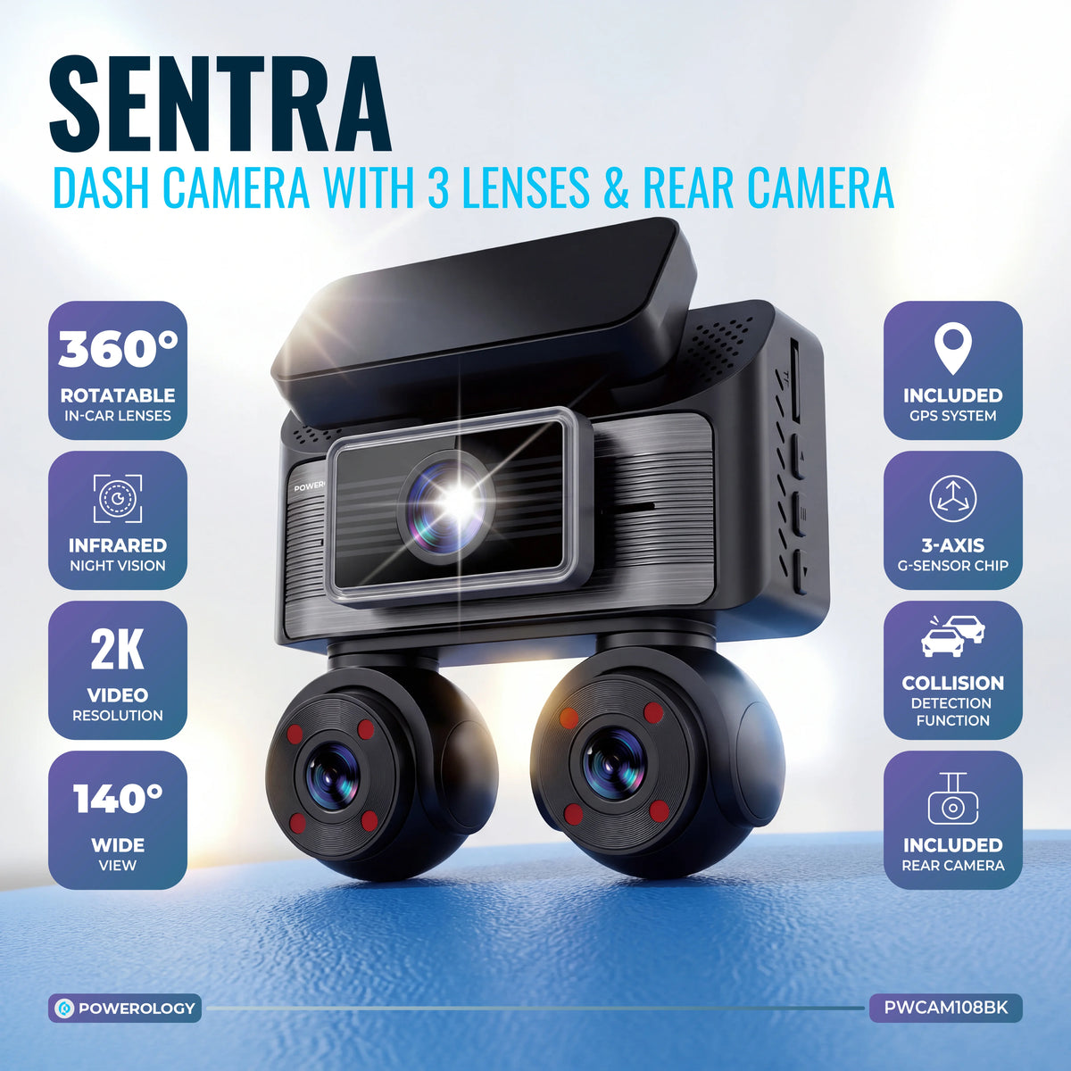 Powerology Sentra Dash Camera with 3 Lenses and Rear Camera Black – image 1