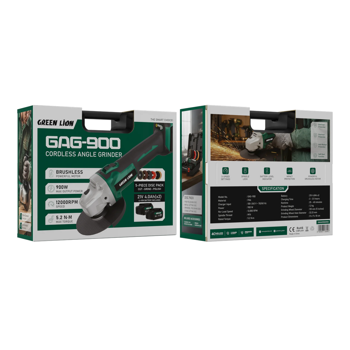 Green Lion GAG-900 Cordless Angle Grinder Tool- Brushless 2*21 V 4.0 Ah Battery – image 2