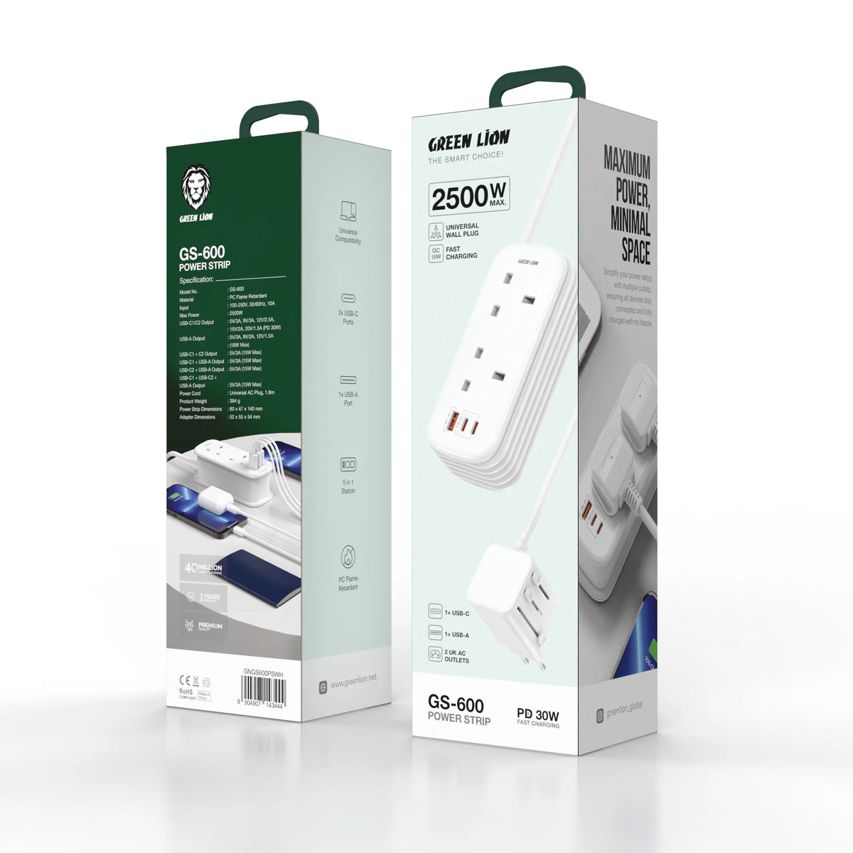 Green Lion Gs 600 Power Strip USB C USB A 2 Uk AC Outlets PD 30w White – image 8