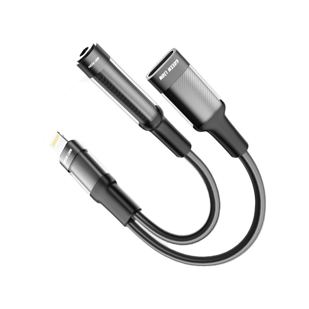 Green Lion 2 in 1 Earphone Charging Adapter Lightning to Lightning 3 5 12cm Black