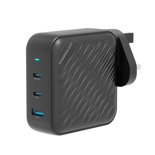 Powerology 140w PD QC 2xusb C and 1xusb A Gan Charger Uk Black
