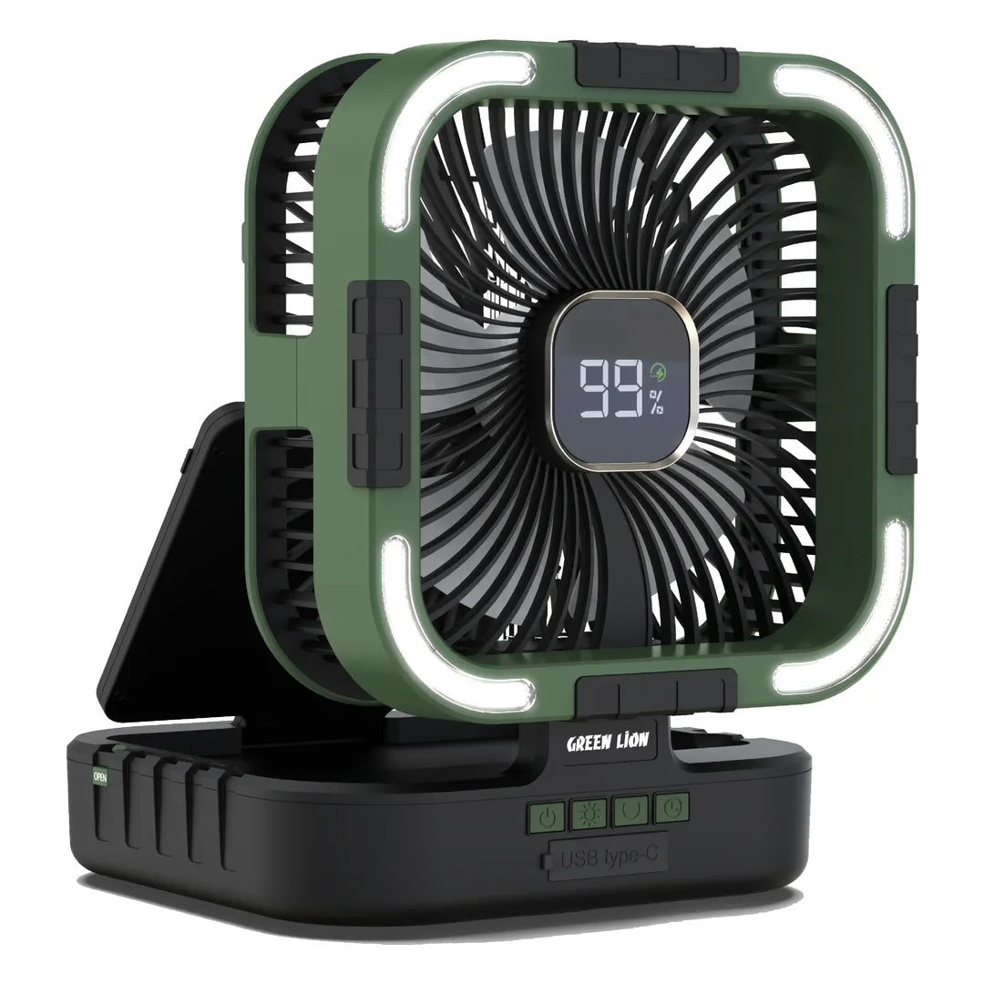 Green Lion 3 in 1 Solar Fan- Fan|Light|Power Bank - Black