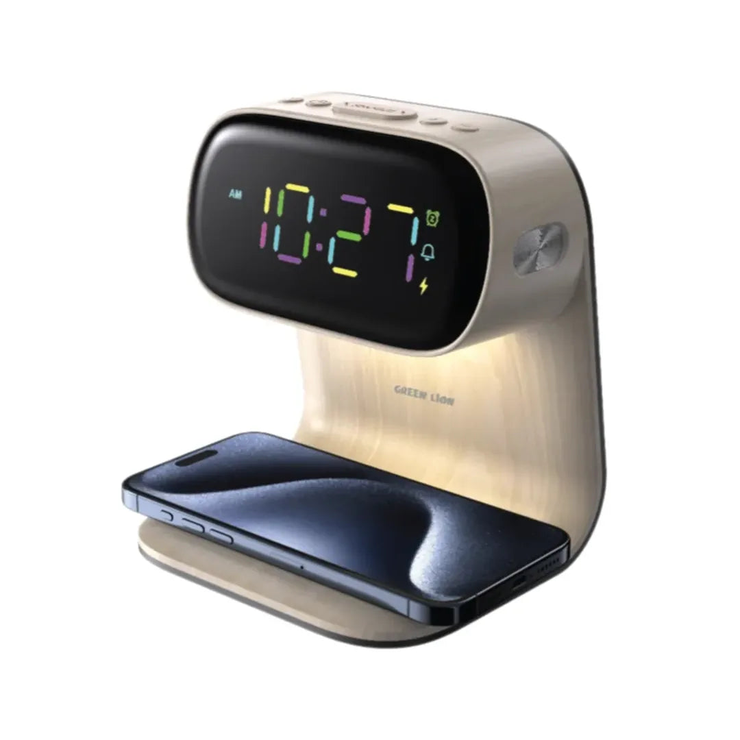 Green Lion Bedside Clock with Wireless Charger Wood