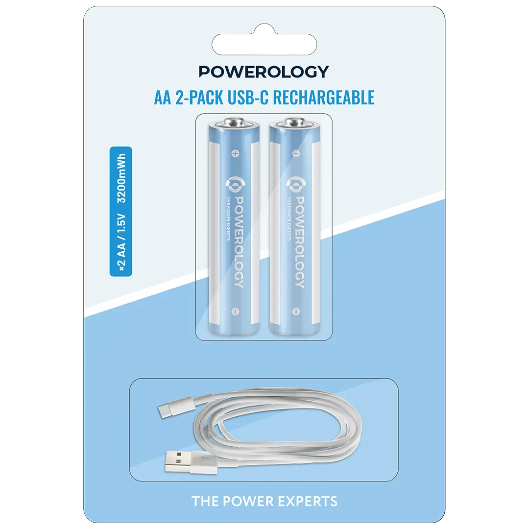 Powerology Aa 2 Pack USB C Rechargeable White Blue