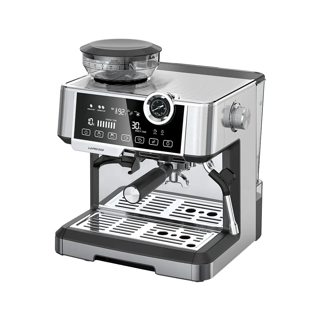 LePresso Dual Boiler Espresso Machine with Conical Grinder Pressure Gauge Silver