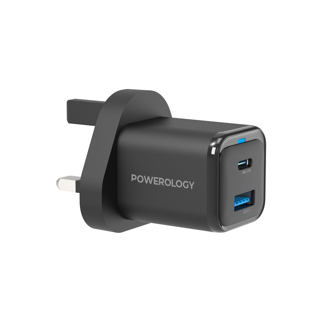 Powerology 35w PD QC 1xusb C 35w and 1xusb A 18w Gan Charger Uk with USB C Cable Black