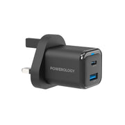 Powerology 35w PD QC 1xusb C 35w and 1xusb A 18w Gan Charger Uk with USB C Cable Black
