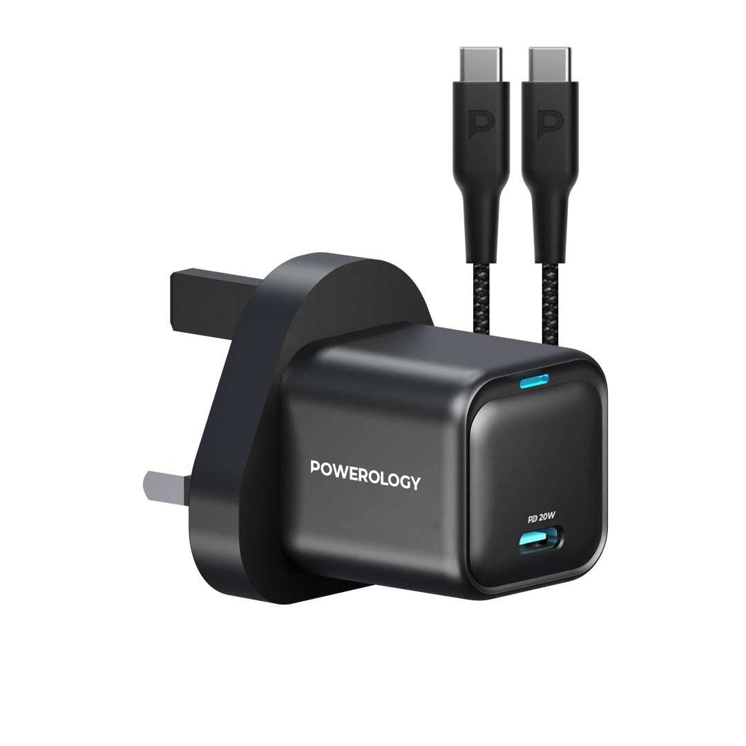 Powerology 20w Single C Port PD Charger Uk with Type C to C 60w Cable Black
