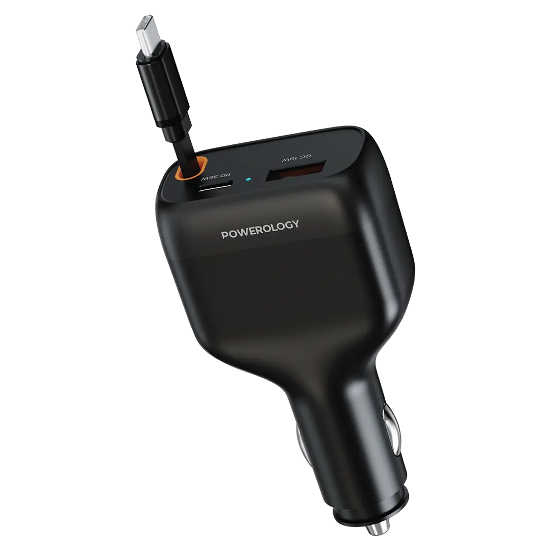 Powerology Cyber 81w USB C Retractable Car Charger Black