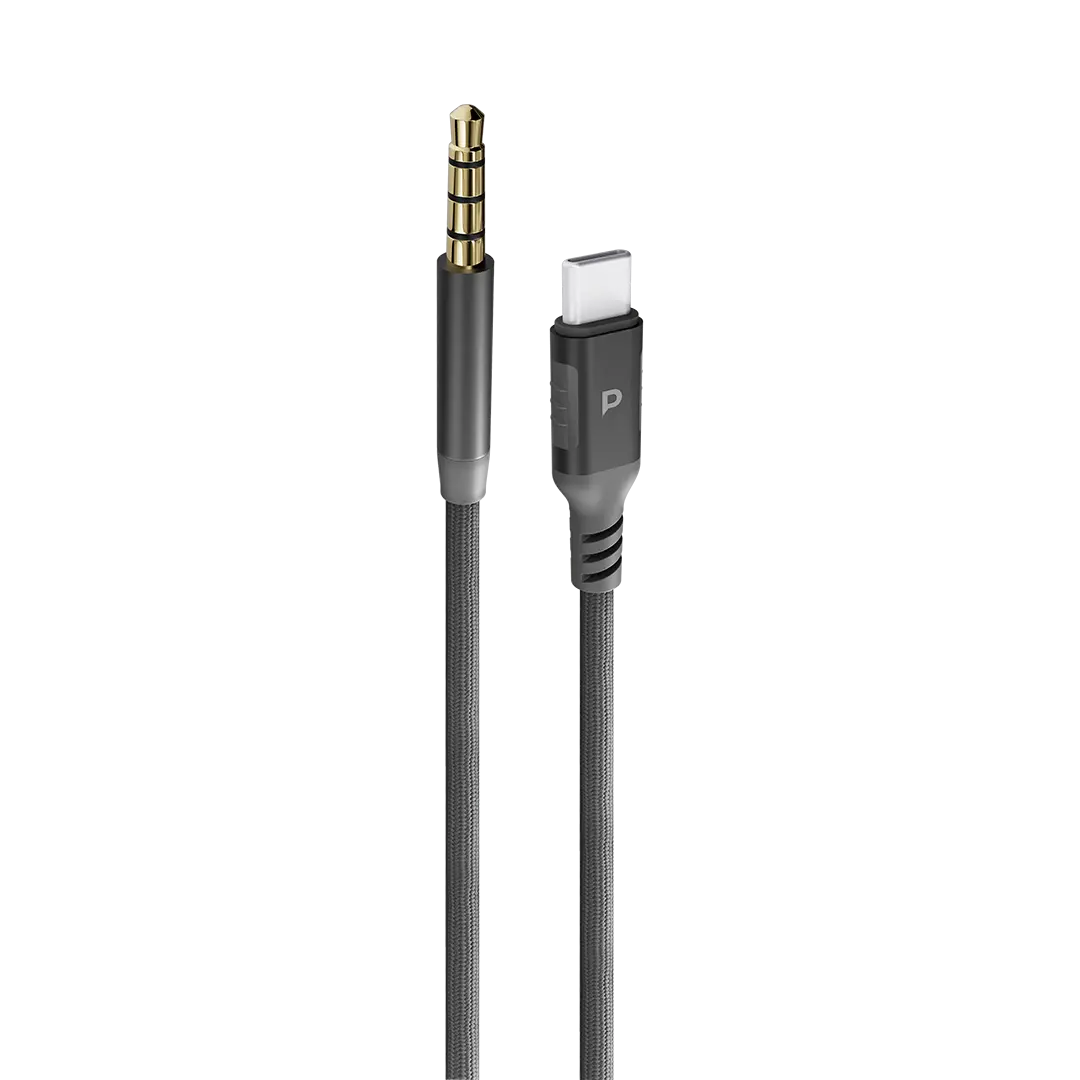 Powerology Power Sync Weave USB C to 3 5mm Audio 1 2m Cable Gray