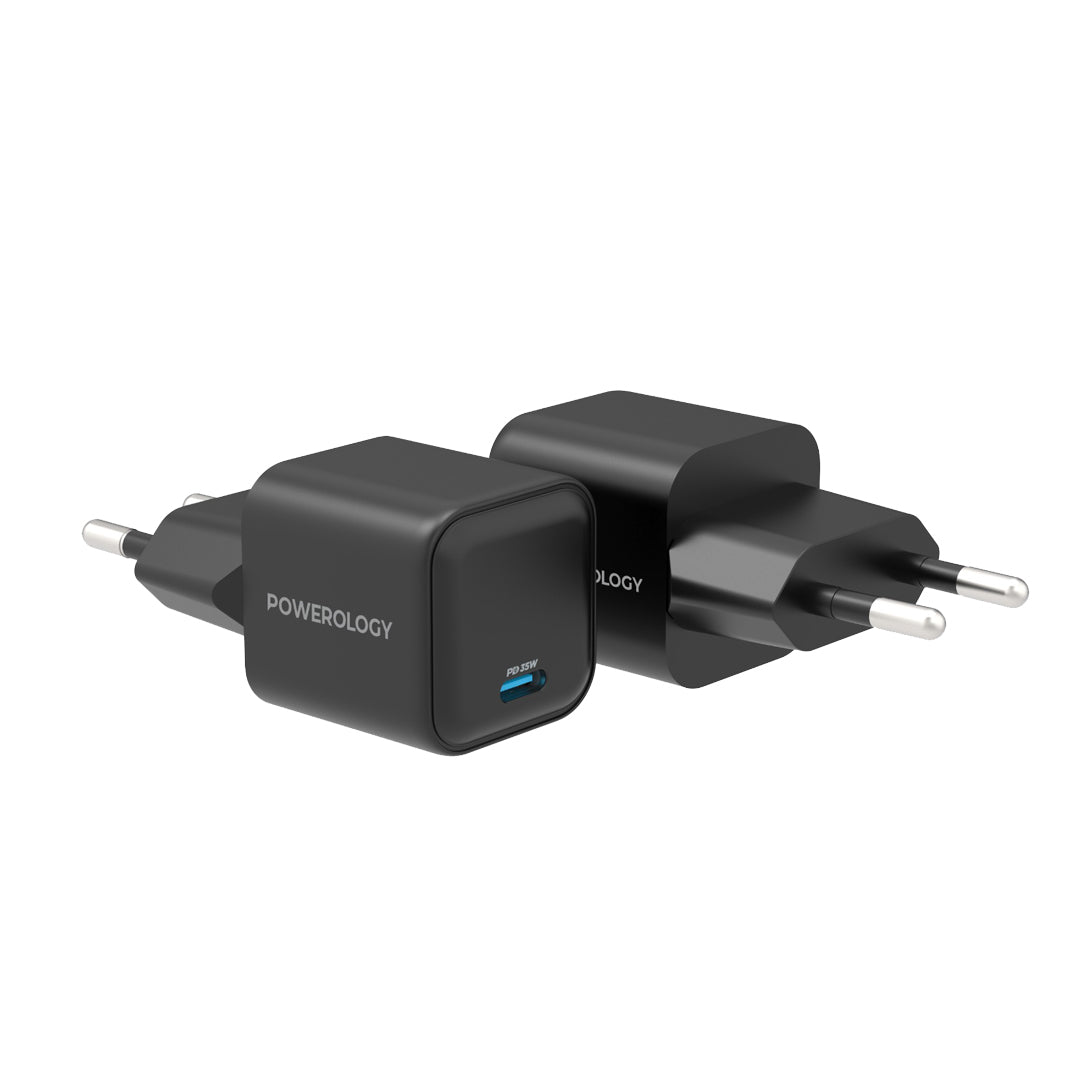 Powerology 35w Single Port Type C Gan Charger with Eu Plug Black