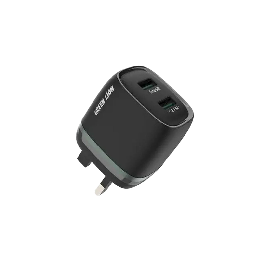 Green Lion Dual USB 12w Wall Charger with USB A to Micro Cable 1m Uk Black
