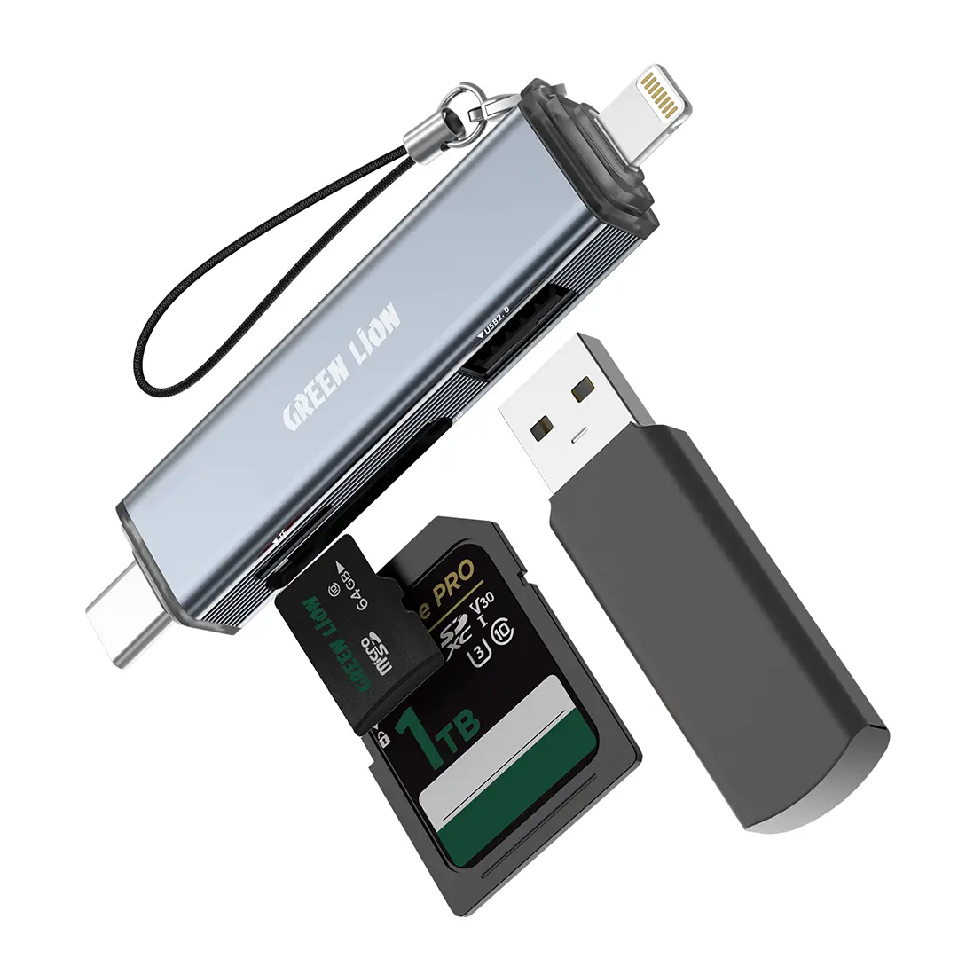 Green Lion 3 in 1 Card Reader with USB C Lightning Connectivity Gray