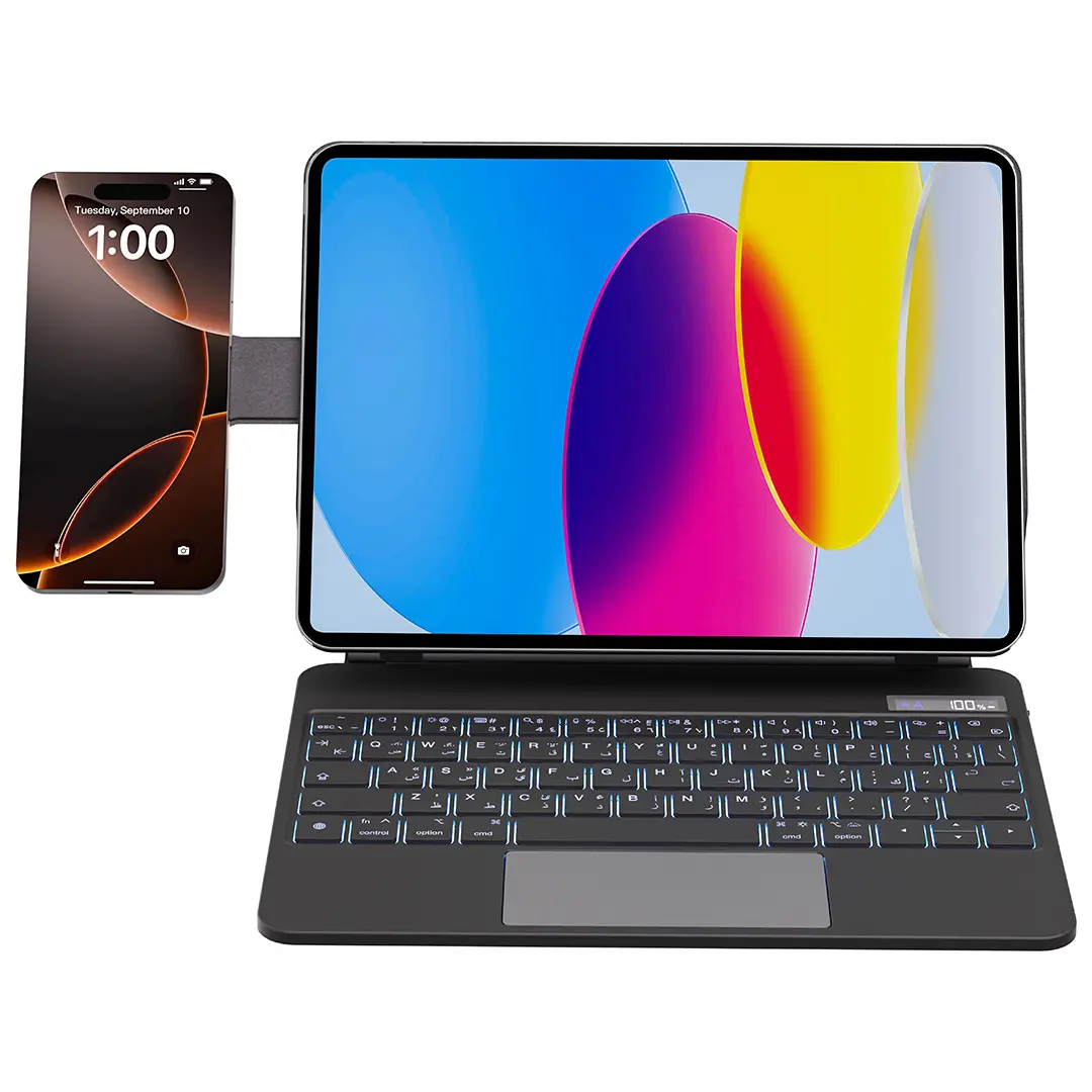 Powerology Dynaboard Wireless Keyboard Case with MagSafe Phone Holder for Ipad 10th Gen Black