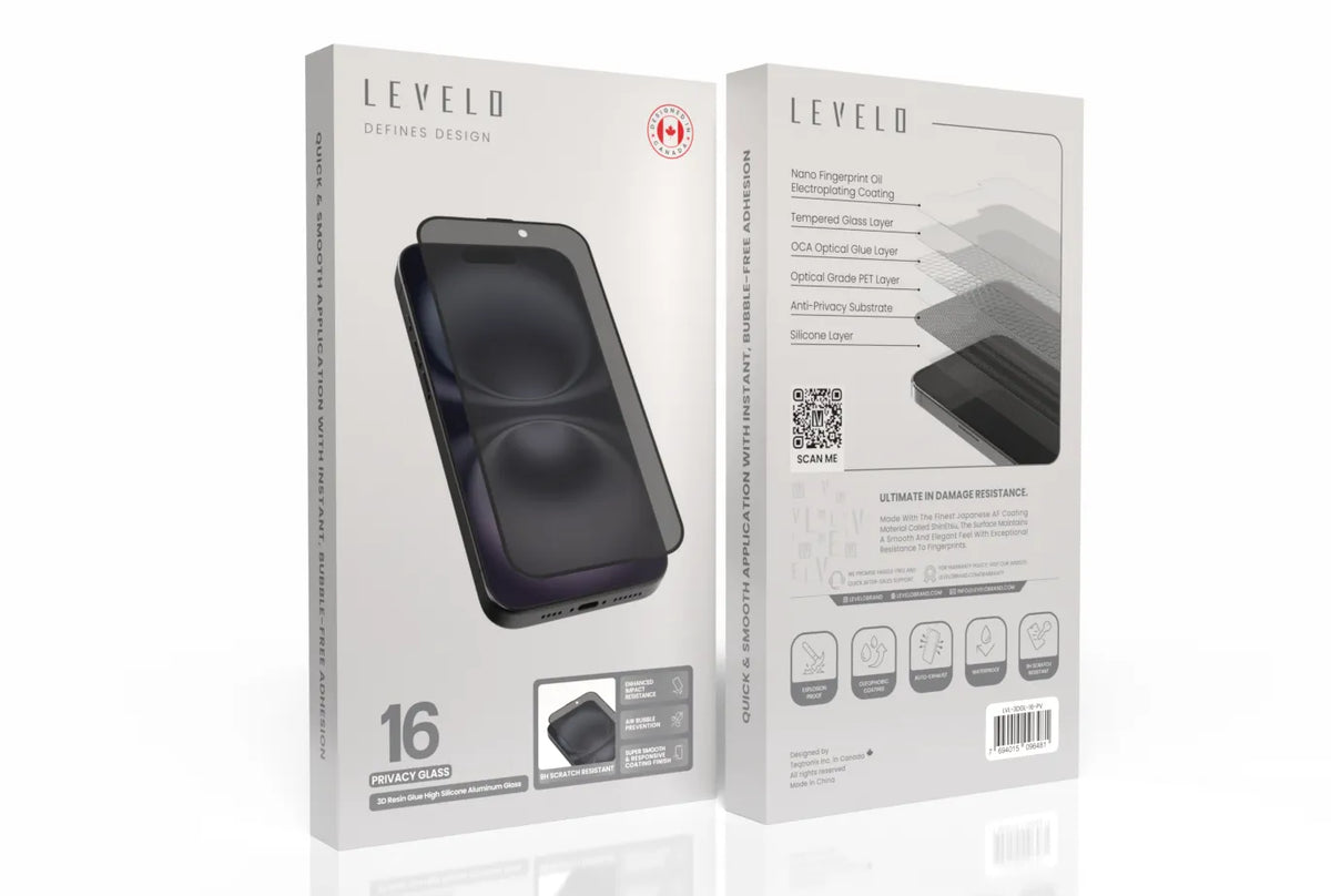 واقي شاشة ليفيلو 3D Resin Glue من زجاج الألومينوسيليكات لسلسلة آيفون 16 – تفاصيل المنتج والعبوة