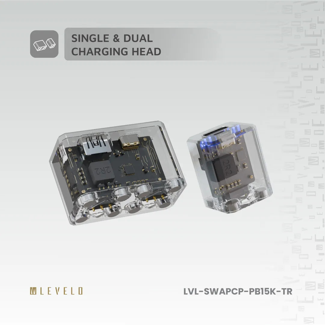 باور بانك ليفيلو SwapCell Pro بسعة إجمالية 15000 mAh ورؤوس قابلة للتبديل – شفاف – تفاصيل المنتج والعبوة