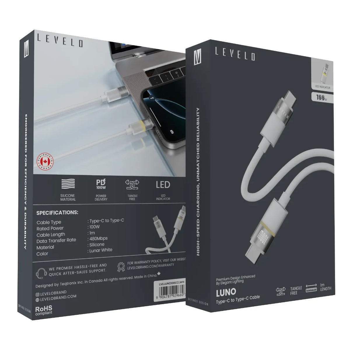 كابل ليفيلو Luno من USB-C إلى USB-C بقدرة 100 واط – متر واحد – تفاصيل المنتج والعبوة