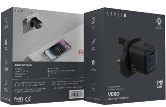 شاحن ليفيلو Vero GaN ‏20 واط بقابس بريطاني – تفاصيل المنتج والعبوة