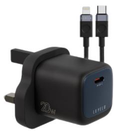 شاحن ليفيلو Vero GaN ‏20 واط بقابس بريطاني مع كابل USB-C إلى Lightning – تفاصيل المنتج والعبوة