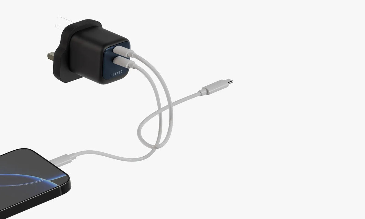 شاحن ليفيلو Vero ‏GaN بقدرة 45 واط ومنفذي USB-C – قابس UK – تفاصيل المنتج والعبوة
