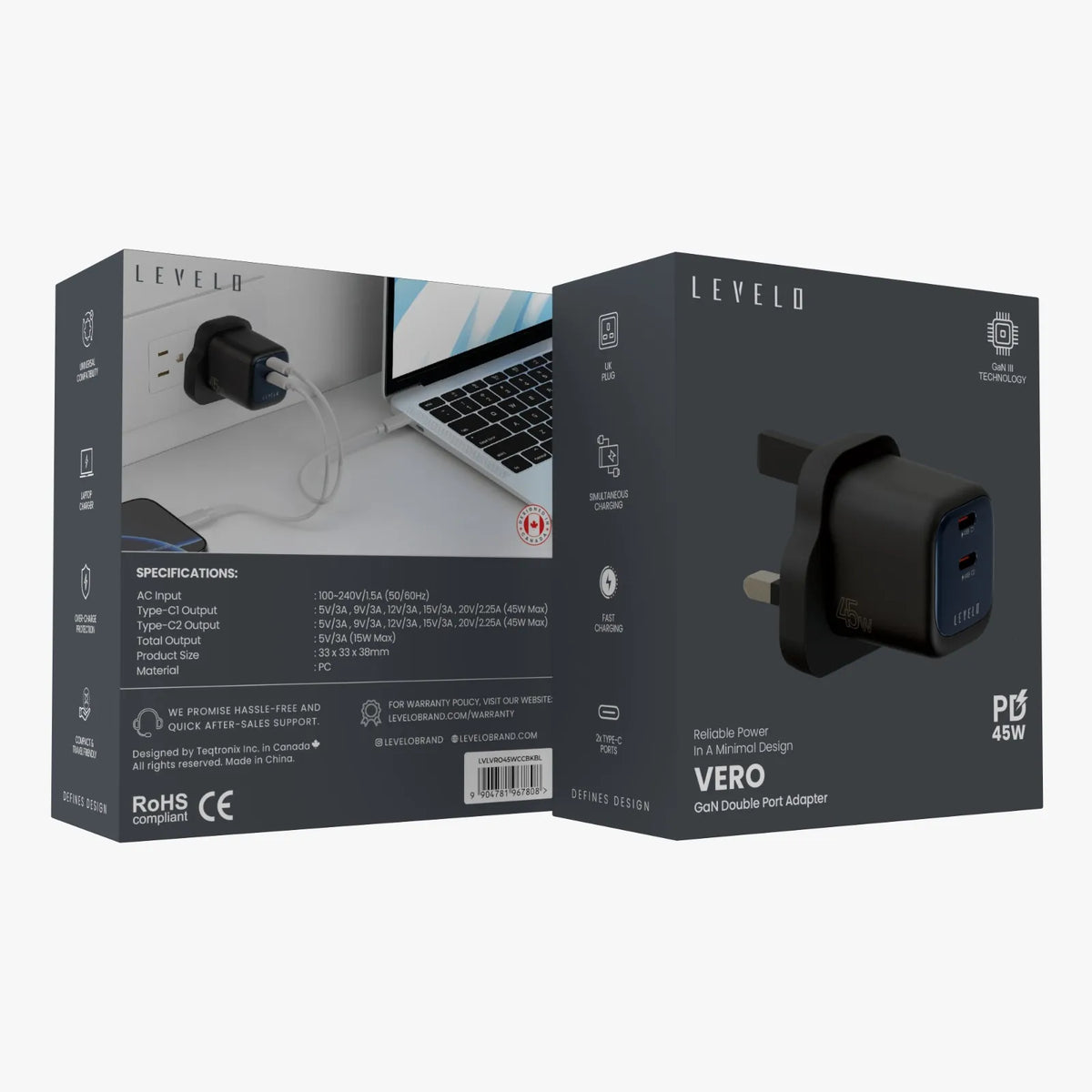 شاحن ليفيلو Vero ‏GaN بقدرة 45 واط ومنفذي USB-C – قابس UK – تفاصيل المنتج والعبوة