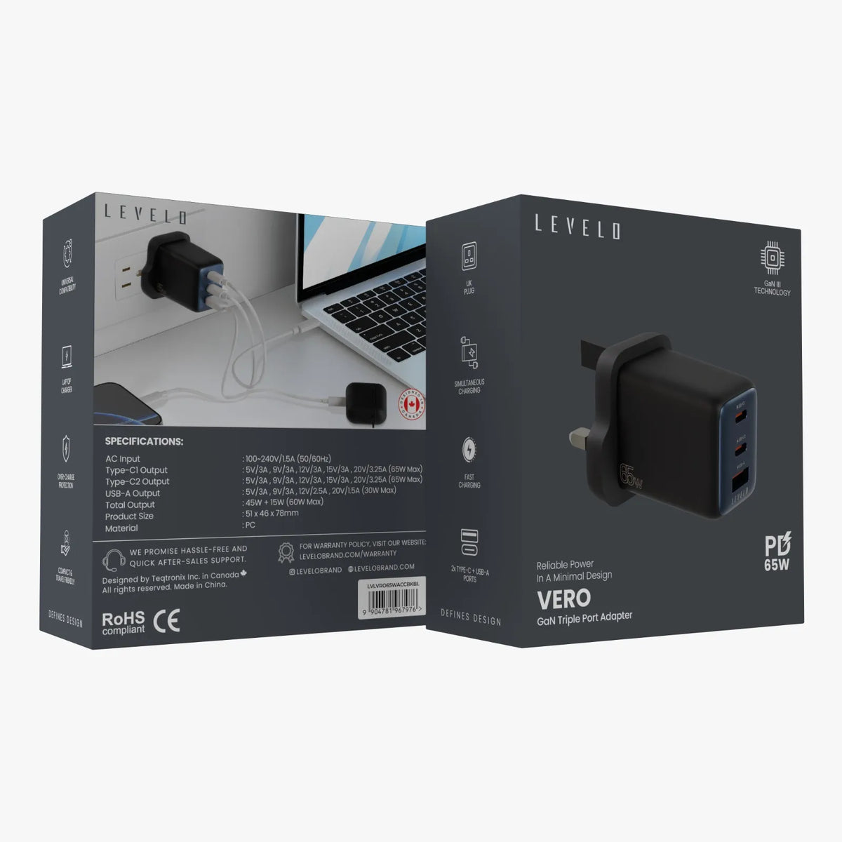 شاحن ليفيلو Vero GaN ‏65 واط بثلاثة منافذ وقابس بريطاني – تفاصيل المنتج والعبوة