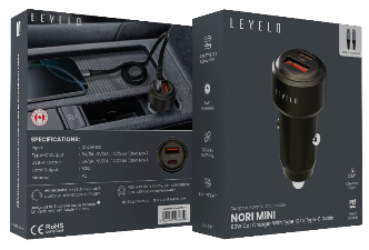 شاحن سيارة ليفيلو Nori Mini بمنفذين وإجمالي 60 واط مع كابل USB-C إلى USB-C – تفاصيل المنتج والعبوة