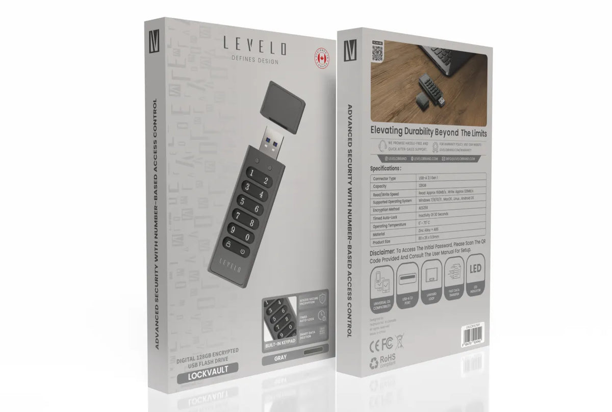 ذاكرة USB ليفيلو Lockvault المشفّرة بسعة 128 جيجابايت ولوحة أرقام – تفاصيل المنتج والعبوة