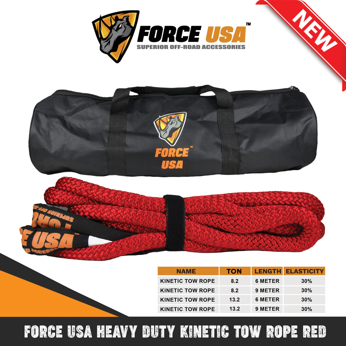 حبل سحب حركي شديد التحمل 8.2 طن بطول 6 متر - أحمر | FORCE USA KINETIC TOW ROPE RED HEAVY DUTY 8.2T 6M
