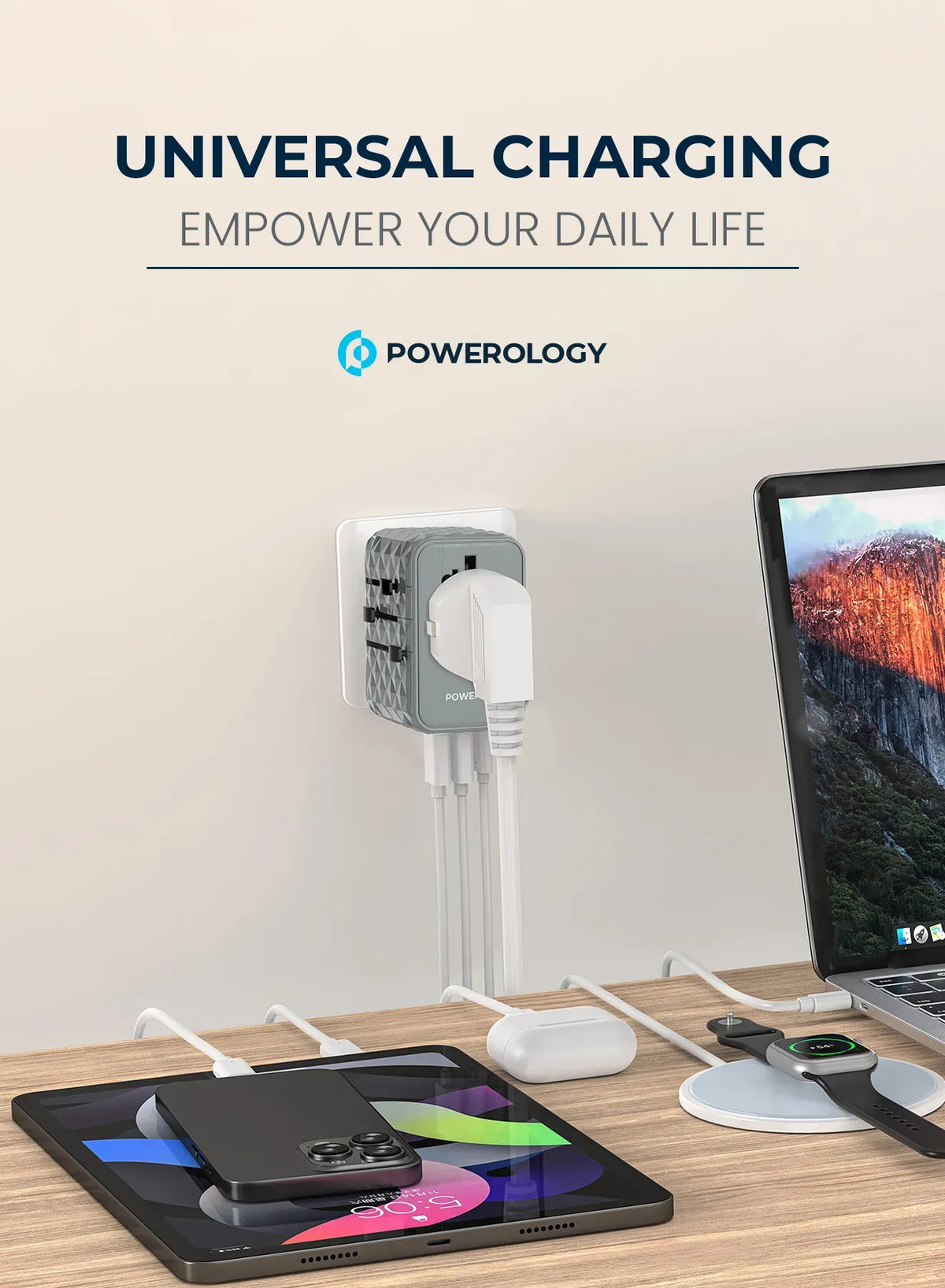 Powerology Universal Multi-Port Ga N Travel Adapter 3 x Type-CWith 2 x USB-A Ports 65 W PD - Gray – image 2