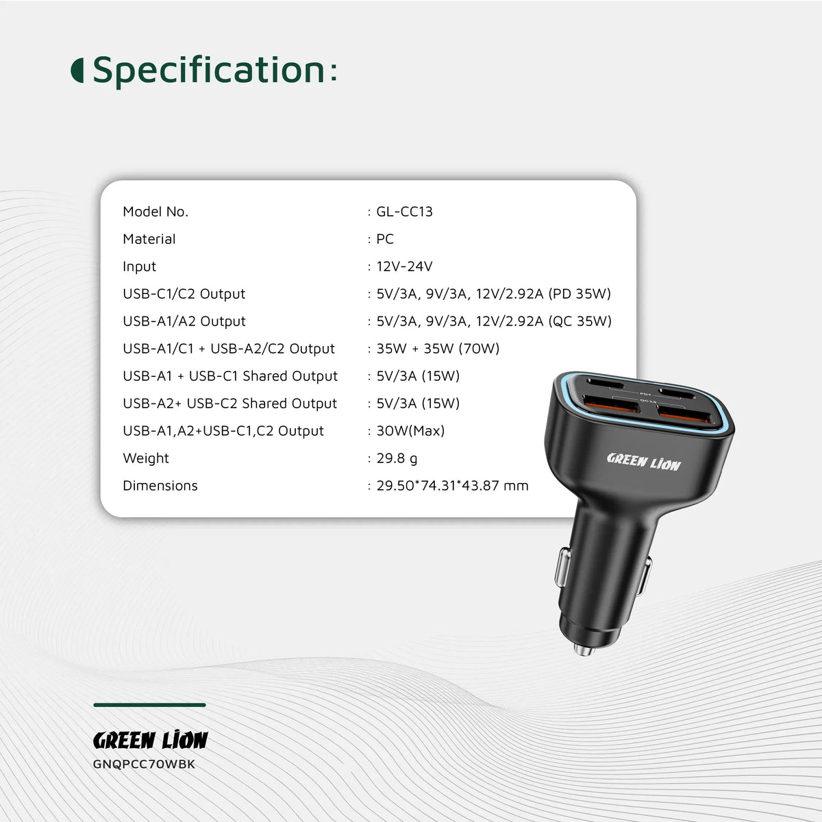 Green Lion Quad Port 70w Car Charger Black – image 7
