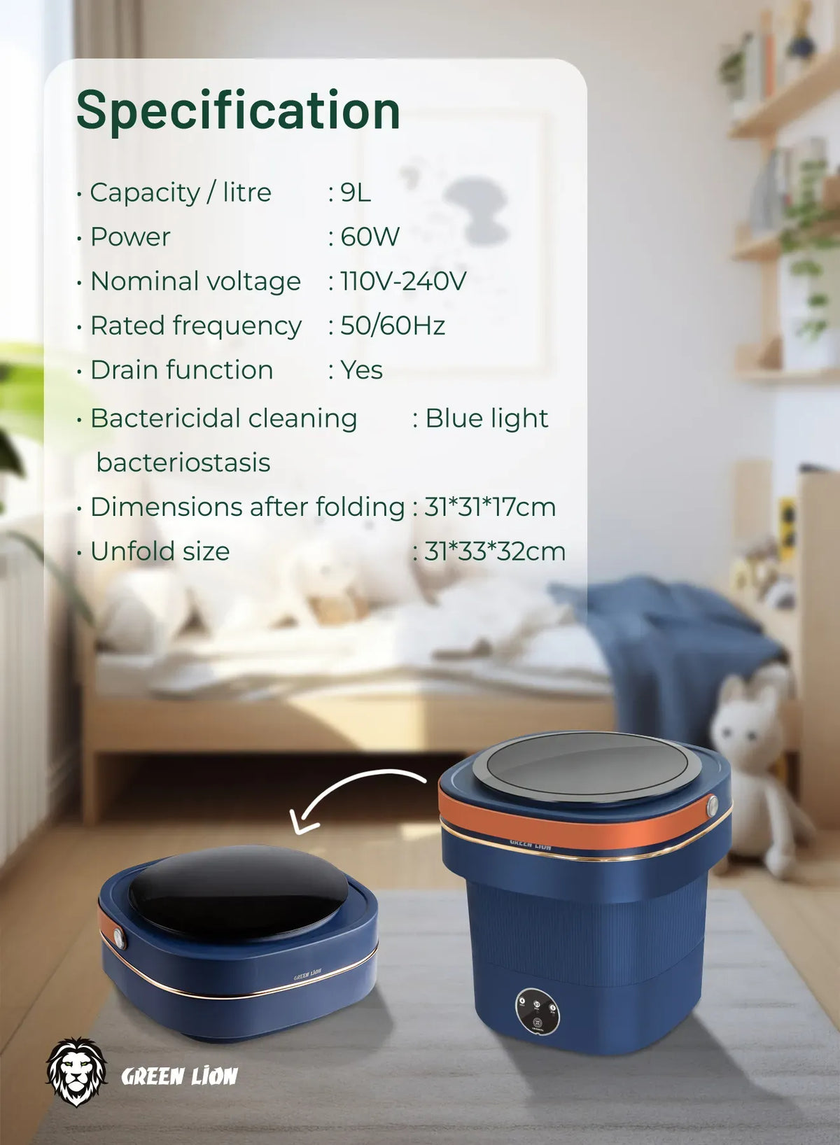 Green Lion Foldable Mini Washing Machine 9l 60w Blue – image 9