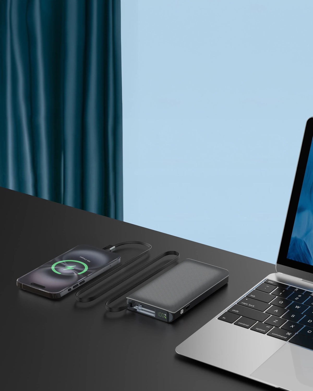 Powerology 10000mAh Retractable Cable Power Bank Black – image 7