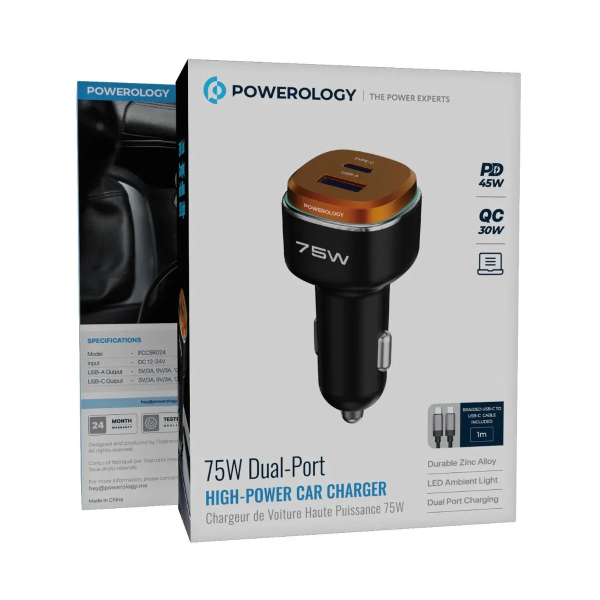 Powerology 75 W Dual-Port High-Power Car Charger with Typc-CCable - Black/Ora nge