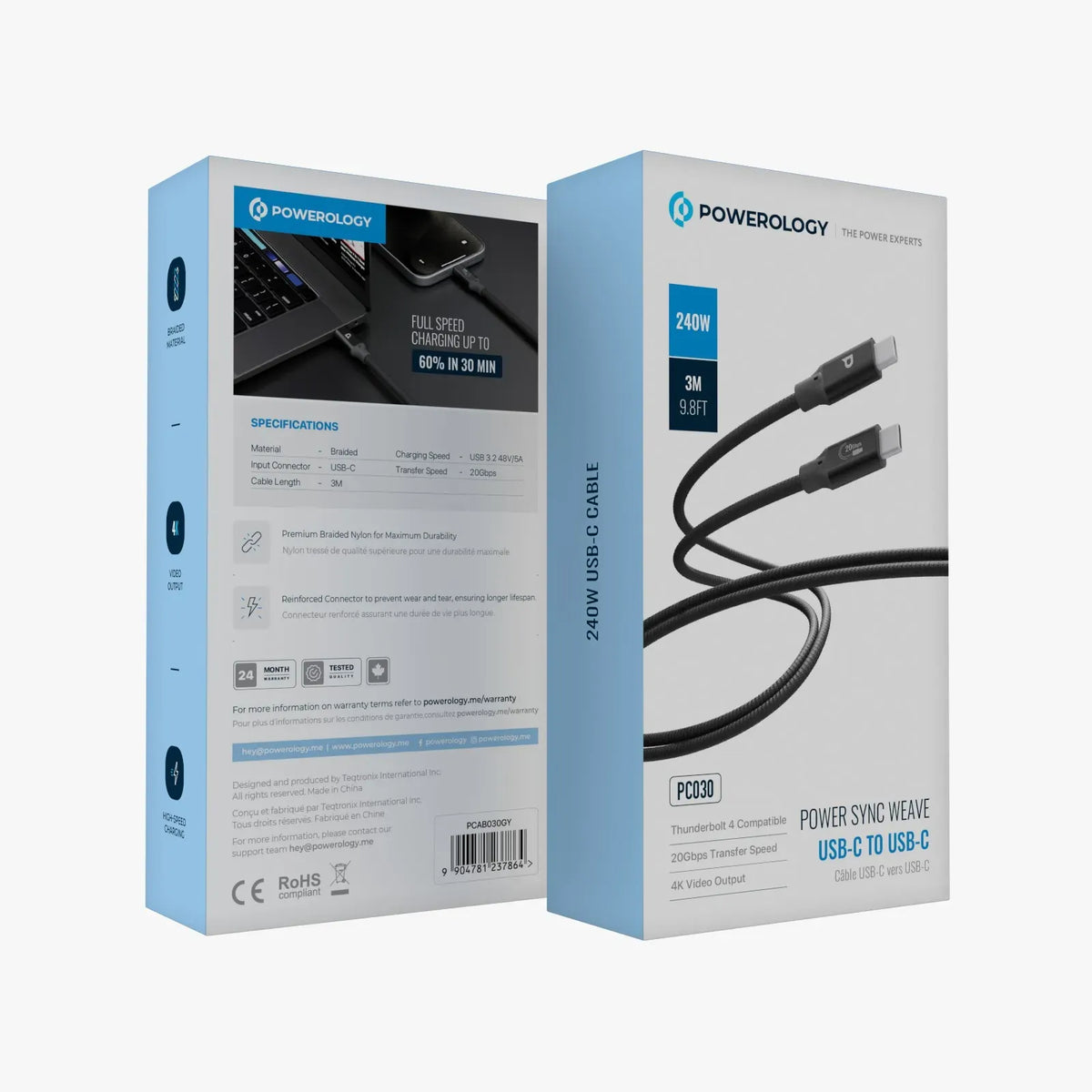 Powerology Power Sync Weave 240w USB C to USB C 3m Cable Gray – image 3