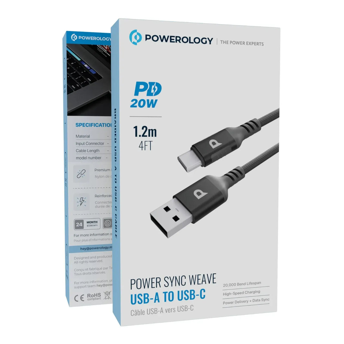 Powerology Power Sync Weave USB-A to USB-C PD 20 W 1.2 M Cable - Gray – image 4