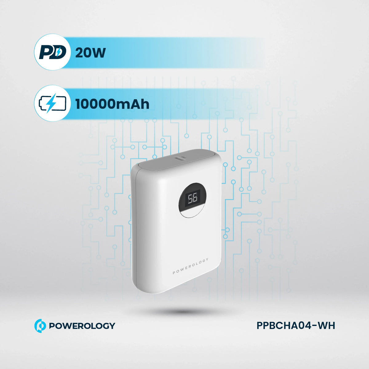 Powerology 10000 m Ah Ultra-Compact Power Bank 20 W PD&QC 3.0 USB-A and USB-C - White – image 3