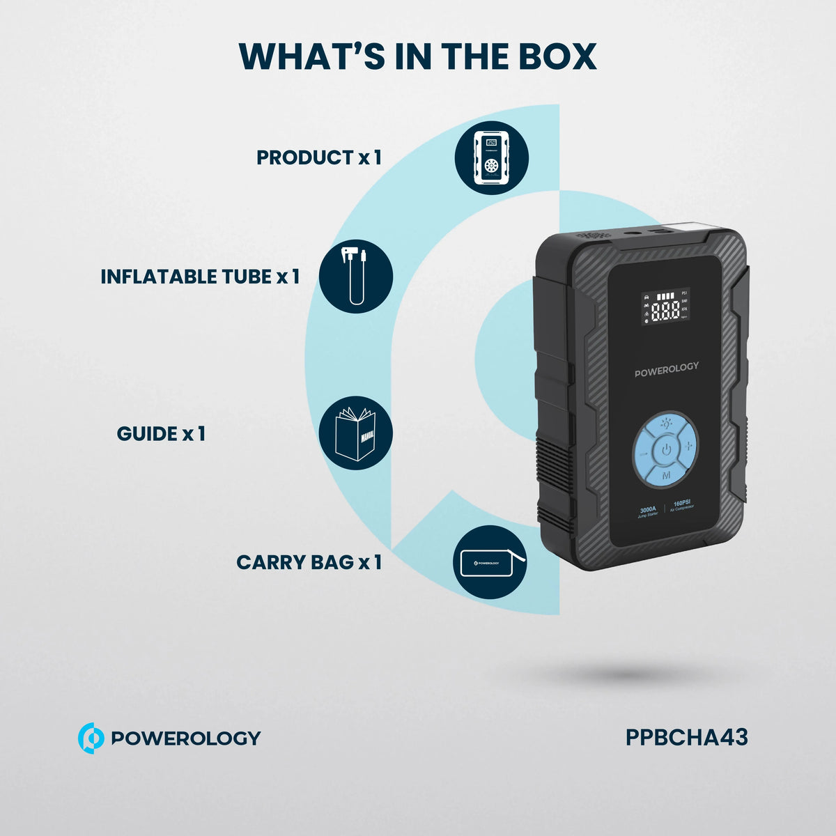 Powerology 20000 m Ah Power Bank Jump Start Air Compressor - Black – image 10