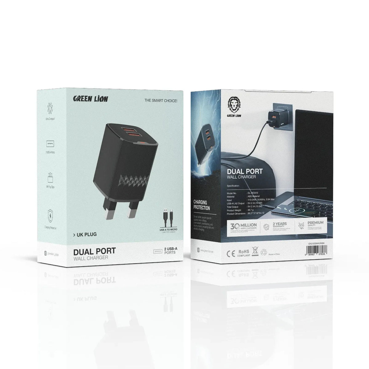 Green Lion Dual Port Wall Charger UKPlug 2 USB-A Port USB-Ato Micro 1 m Cable - Black