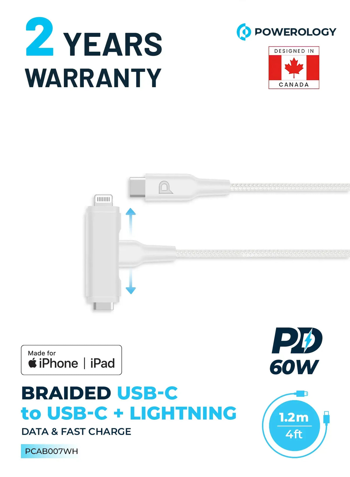 Powerology Braided USB-C to USB-C +Lightning Data&Fast Charge 1.2 m/4 ft - White – image 3