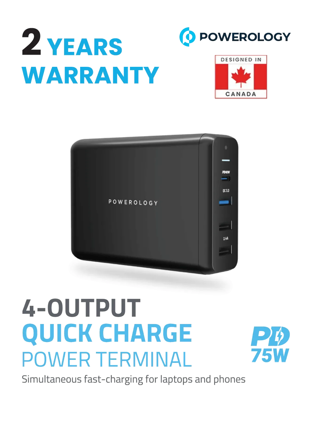 Powerology 4-Output 75 W Quick Charge Power Terminal Simultaneous Fast-Charging for Laptopsand Phone - Black – image 3