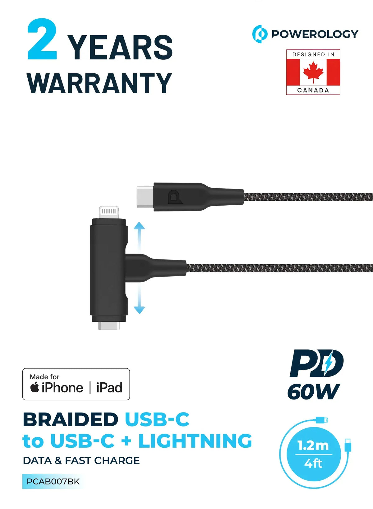 Powerology Braided USB-C to USB-C +Lightning Data&Fast Charge 1.2 m/4 ft - Black – image 3