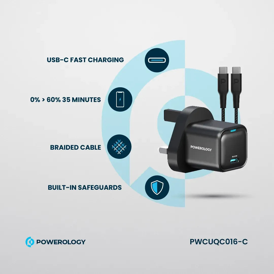 Powerology 20w Single C Port PD Charger Uk with Type C to C 60w Cable Black – image 3