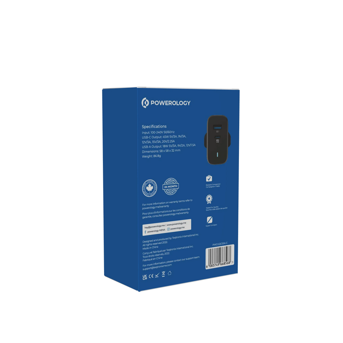 Powerology 63w Ultra Quick Gan Charger 45w PD USB A Quick Charge 18wqc3 0 with 60w Type C to Type C Cable – image 11