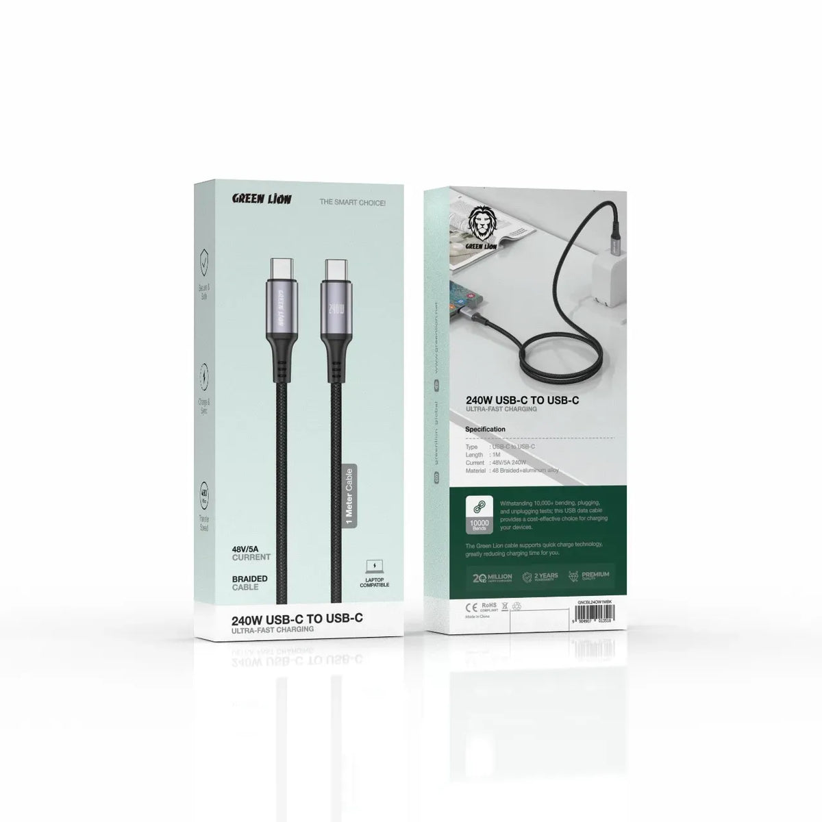 Green Lion 240w USB C to USB C Ultra Fast Charging 1m Braided Cable Black – image 2